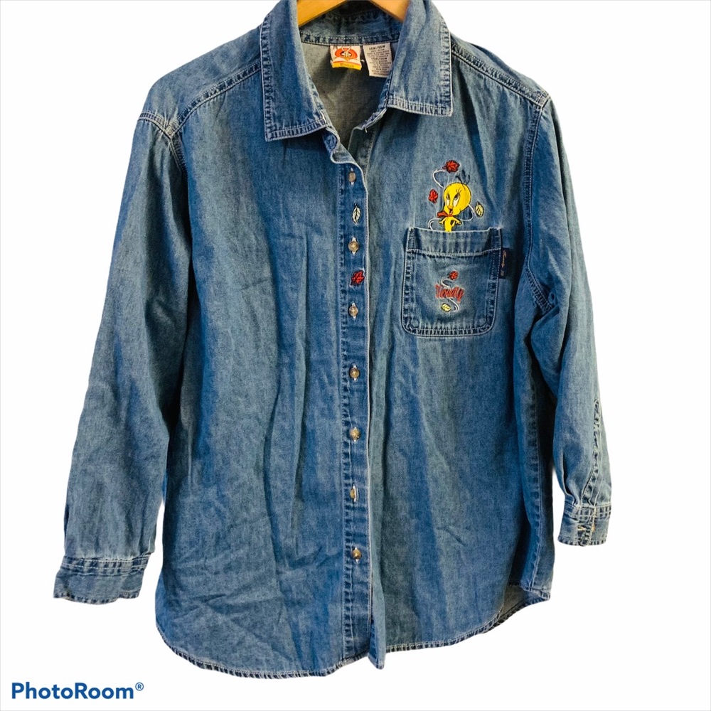 LOONEY TOONS Y2K Tweety Denim Button Down - Picture 1 of 8